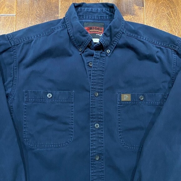 Wrangler Riggs Workwear Thick Navy Blue Button Down Shirt Cotton Men's Large - Picture 3 of 7